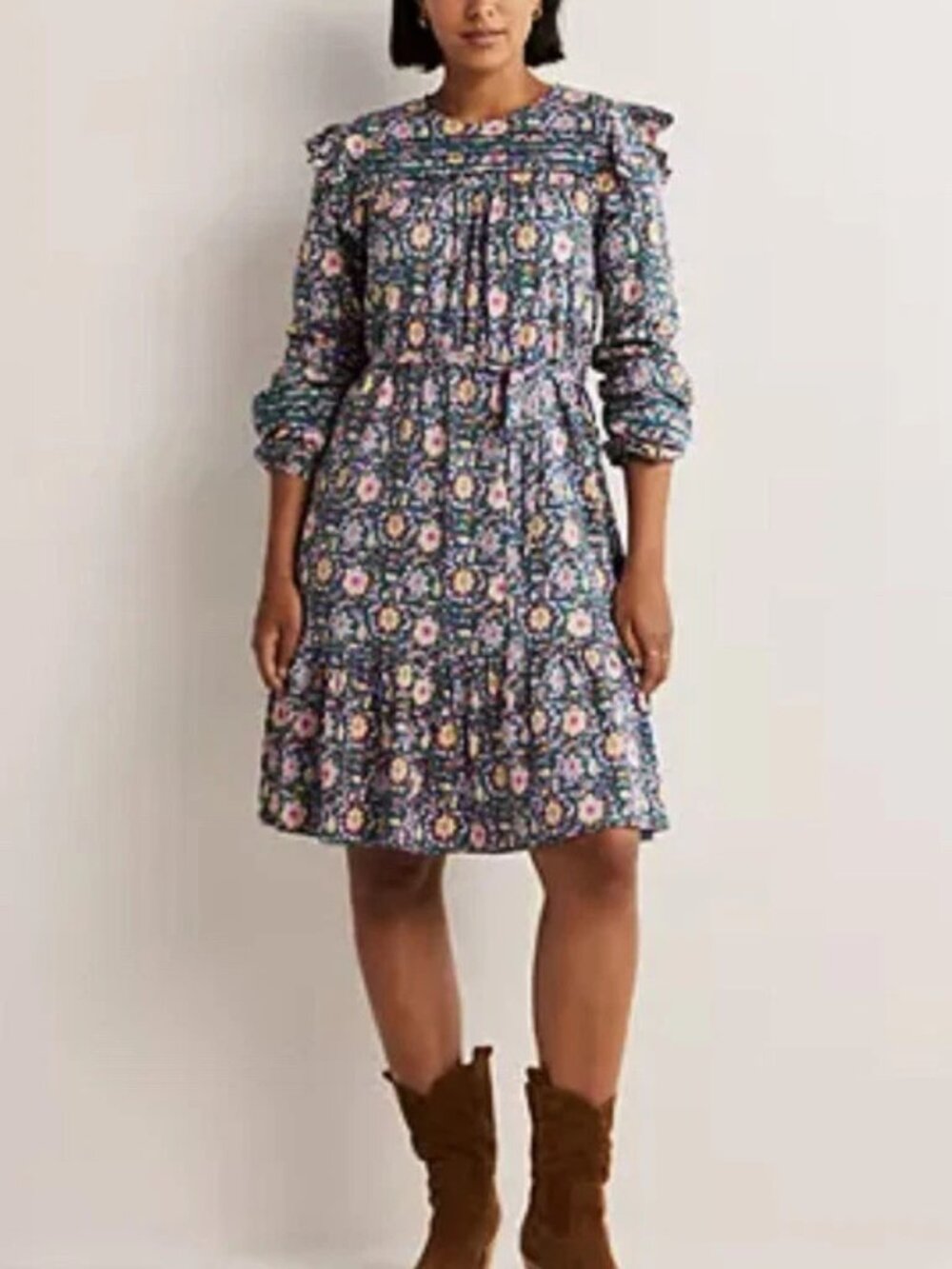 Boden Blue Pink Floral Ruffle Trim Long Sleeve Jersey Dress Size 16